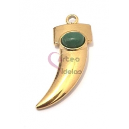 Pendente Aço Inox Dente Liso com Pedra Jade Verde - Dourado (38x14mm)